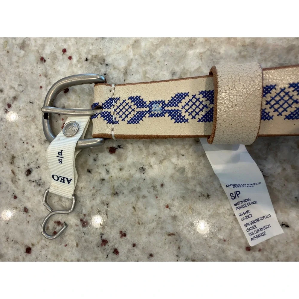 American Eagle S/P Cream Embroidered Leather Belt – 100% Buffalo Leather‎